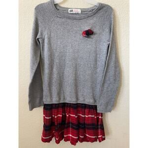 H&M Gray Long Sleeve Sweater Red Plaid Flannel Skirt One Piece Dress Size 4-6